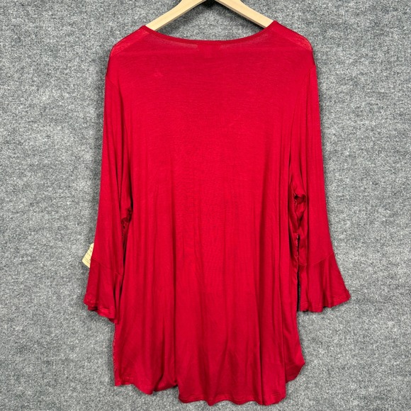 One World Womens Tunic Top Size 2X Bell Sleeve Red Lace Overlay Romantic Witchy - Picture 2 of 10